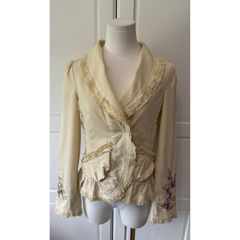 Sugar Lips Los Angeles Embroidered Frayed Lyocell Jacket Cream Floral Small